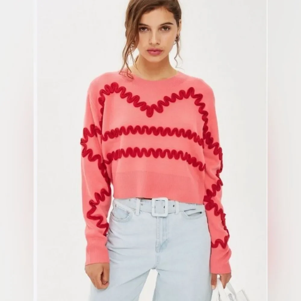Cider Coral Pink Raised Red Squiggle Wave Cropped Trendy Pullover Knit Sweater